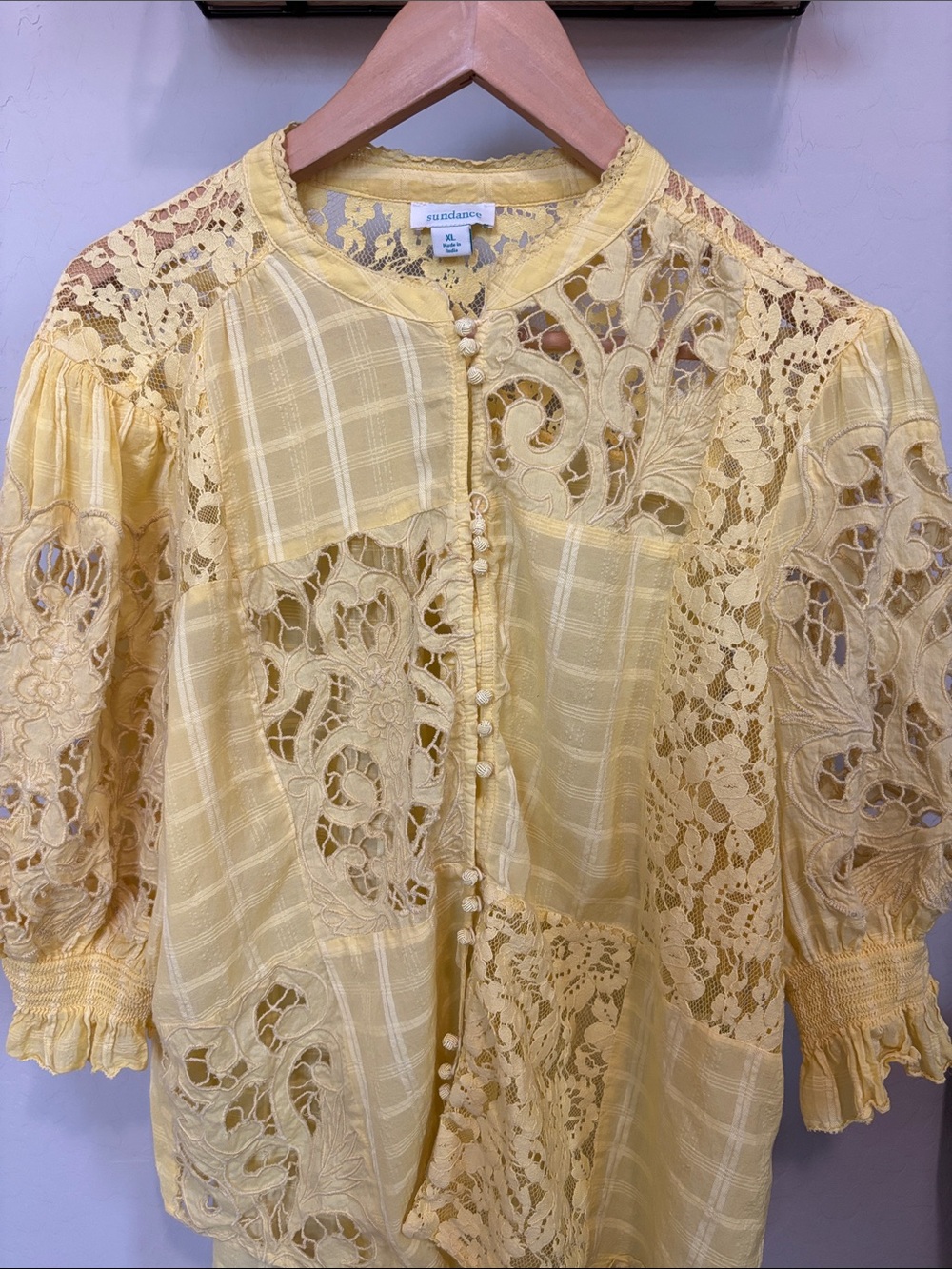 Sundance Pale Yellow Lace Patchwork Blouse